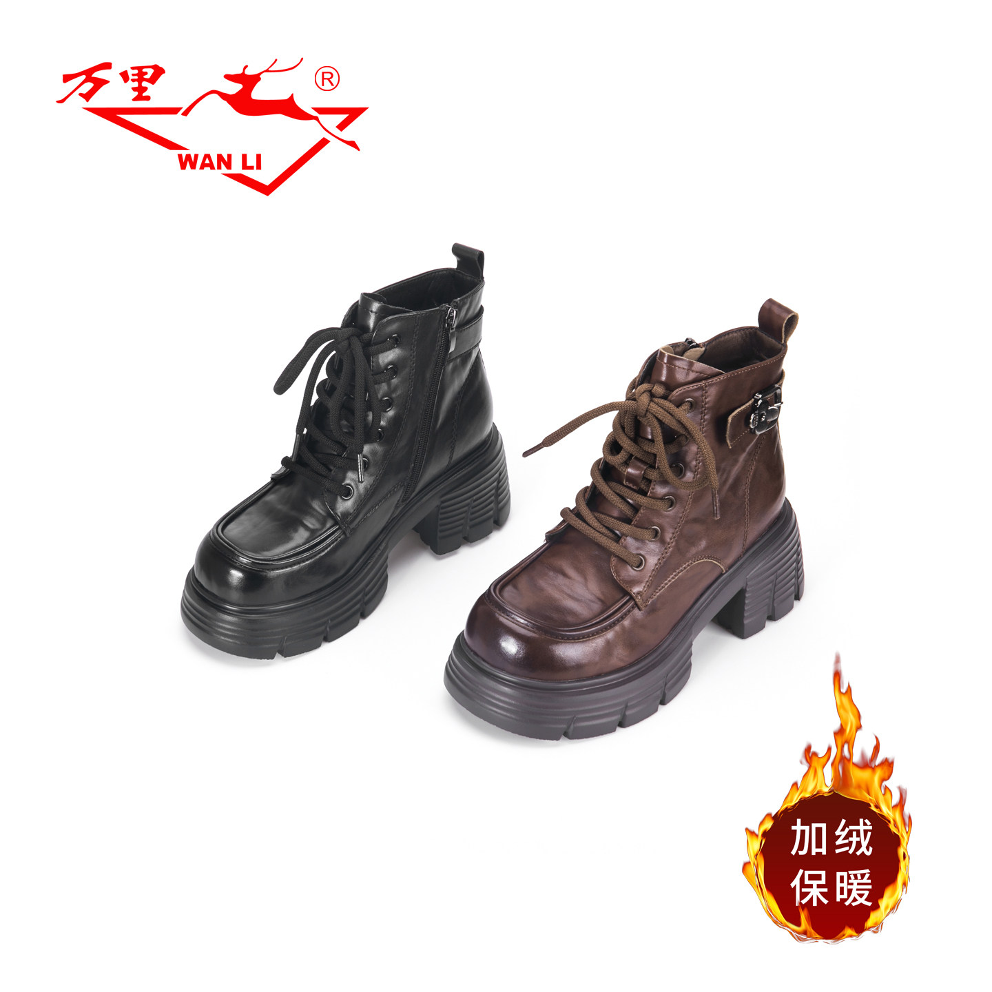 万里新款时尚高跟马丁靴百搭粗跟加绒短筒靴真皮圆头女靴BBT6120
