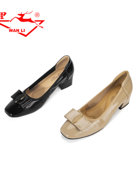 万里真皮方头浅口女鞋舒适一脚蹬通勤单鞋百搭粗跟休闲鞋BHT2376