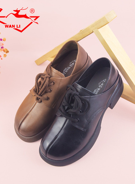 万里新款休闲鞋时尚厚底英伦风单鞋真皮复古百搭粗跟女鞋HDT2913