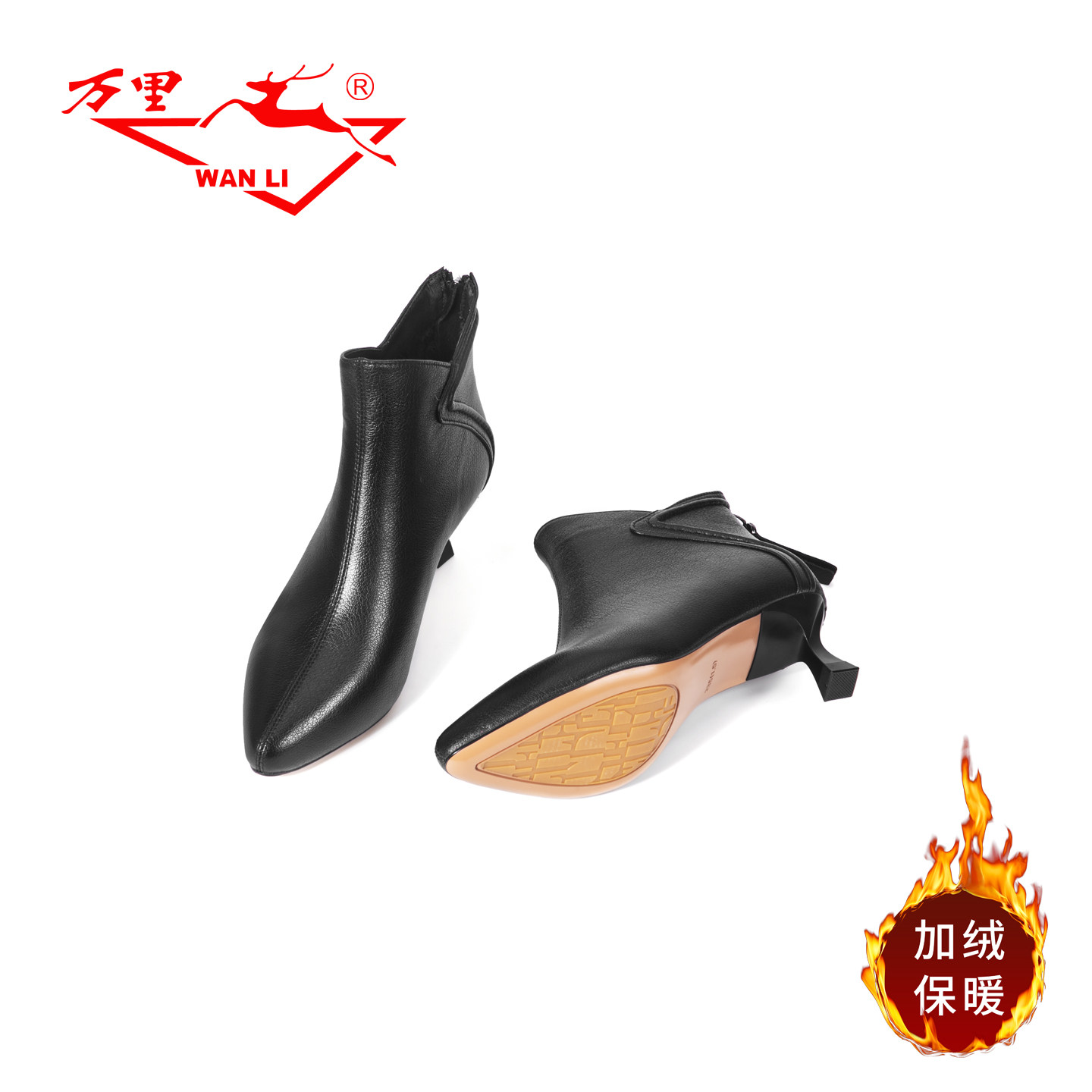 万里新款女士短靴时尚真皮高跟鞋百搭细跟加绒保暖棉鞋BHT6188