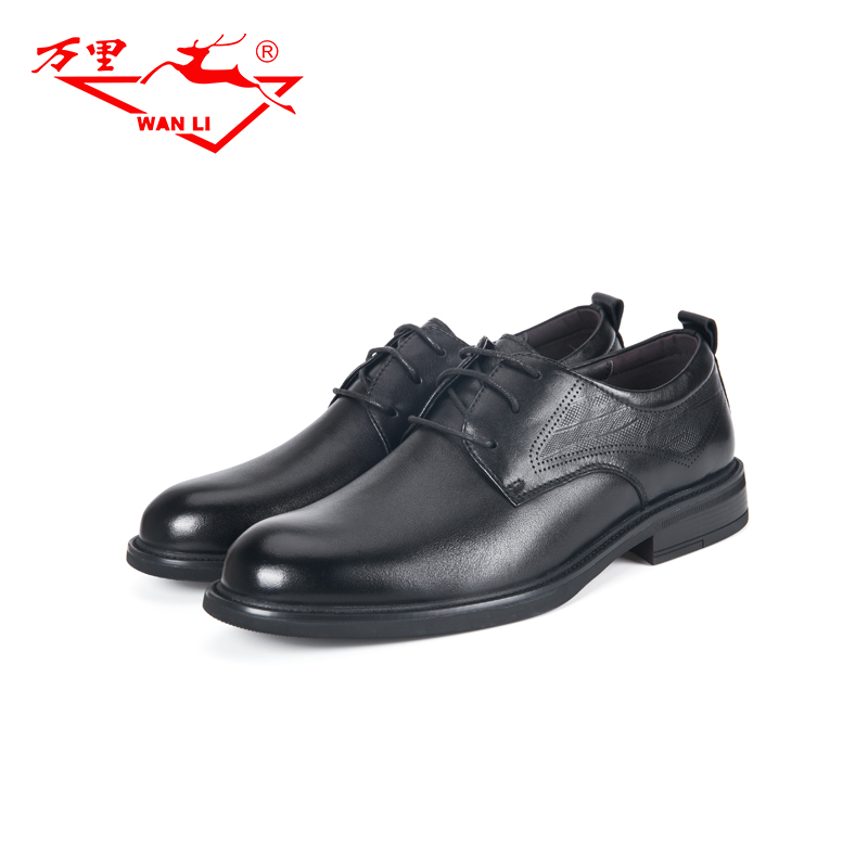 万里新款真皮商务休闲鞋百搭圆头单鞋正装系带低帮男鞋HET1149