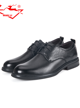 万里新款真皮商务休闲鞋百搭圆头单鞋正装系带低帮男鞋HET1149