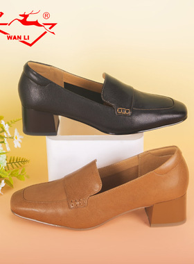 万里新款真皮单鞋时尚百搭粗跟鞋舒适一脚蹬复古通勤女鞋HXT2160