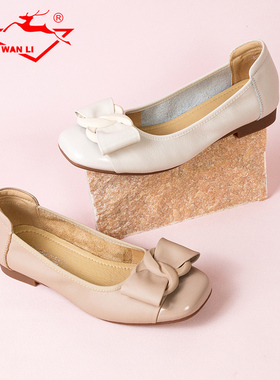 万里新款真皮女鞋舒适低跟单鞋时尚套脚通勤浅口鞋KHT2522