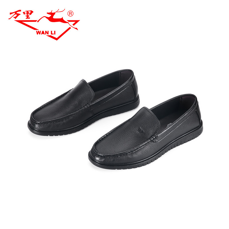 万里新款商务休闲鞋百搭圆头真皮鞋舒适一脚蹬男鞋BZT1185