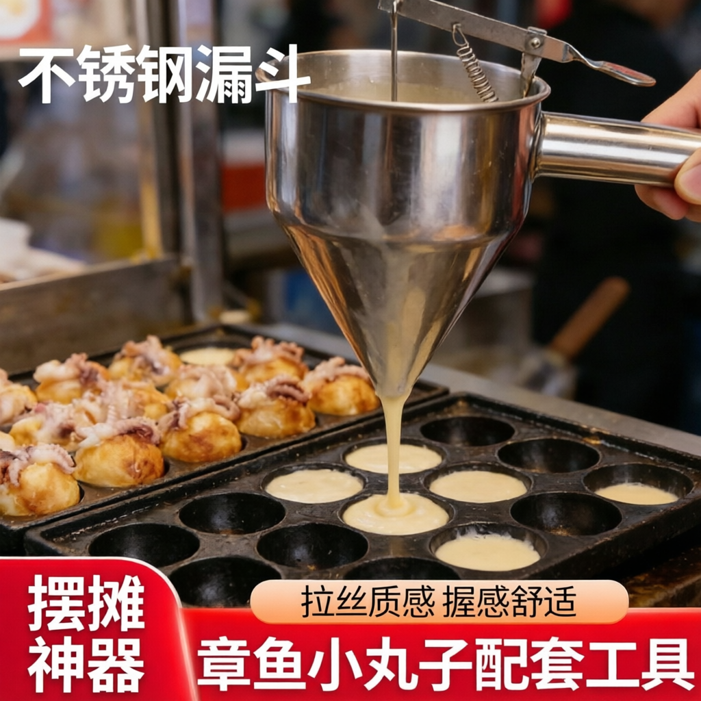 章鱼小丸子不锈钢锥形漏斗鸡蛋汉堡铜锣烧鸡蛋仔面糊灌浆摆摊工具