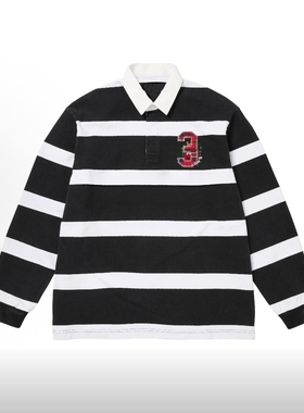 FCG&FW25 Stripe Rugby撞色条纹刺绣贴花图案翻领长袖polo衫