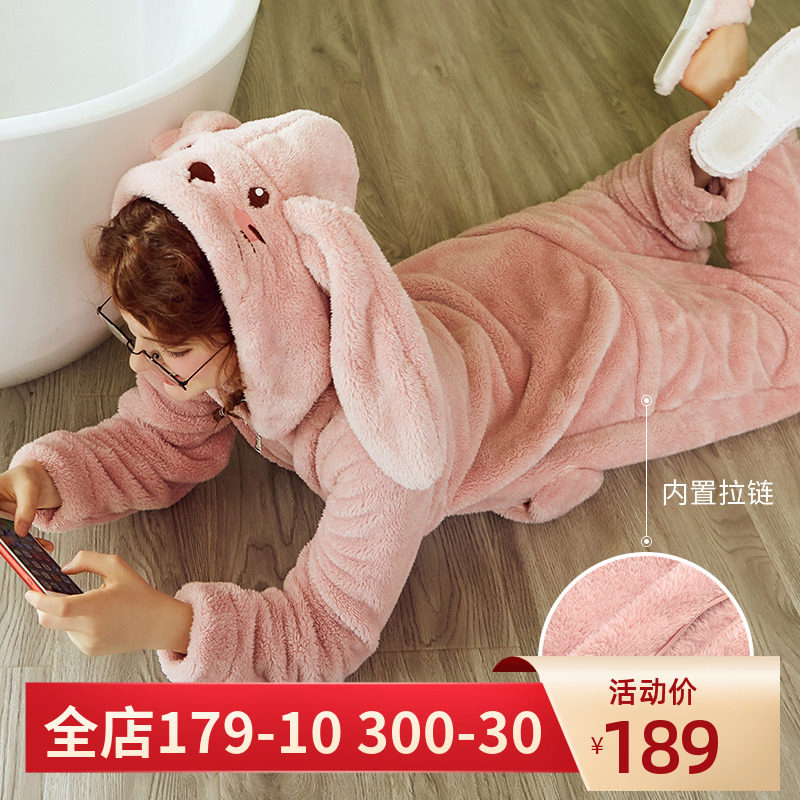 安之伴珊瑚绒睡衣女秋冬保暖加厚法兰绒卡通连体兔子可外穿家居服