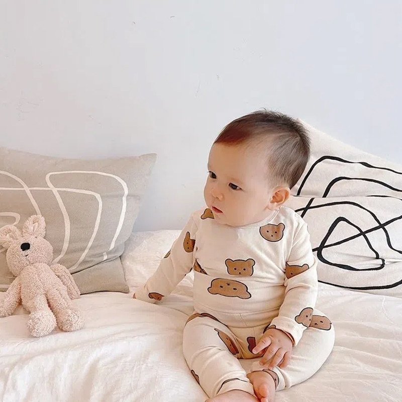 속옷 세트 가을 겨울 의류 남성 및 여성  곰 잠옷 가정 의류 어린이 따뜻한 배 보호 투피스 세트