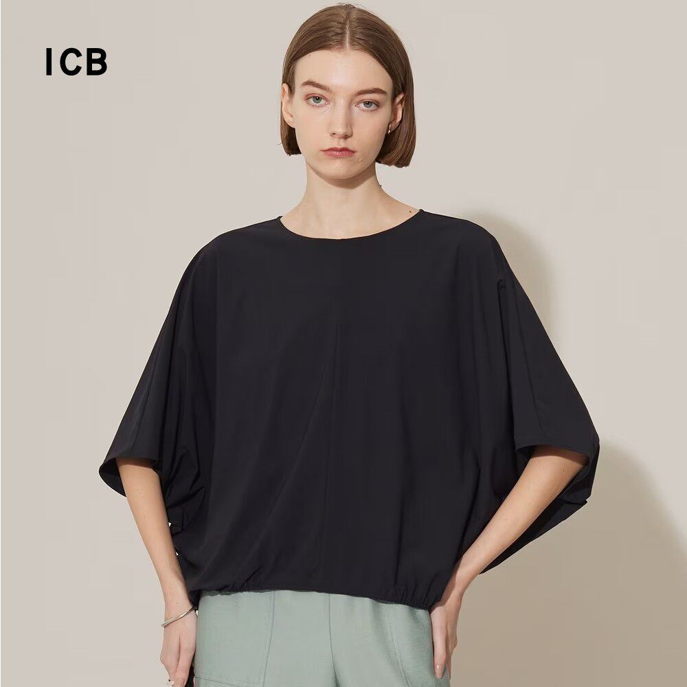 ICB日系秋季通勤宽松混纺圆领套头五分袖T恤蝙蝠袖针织衫商场同款