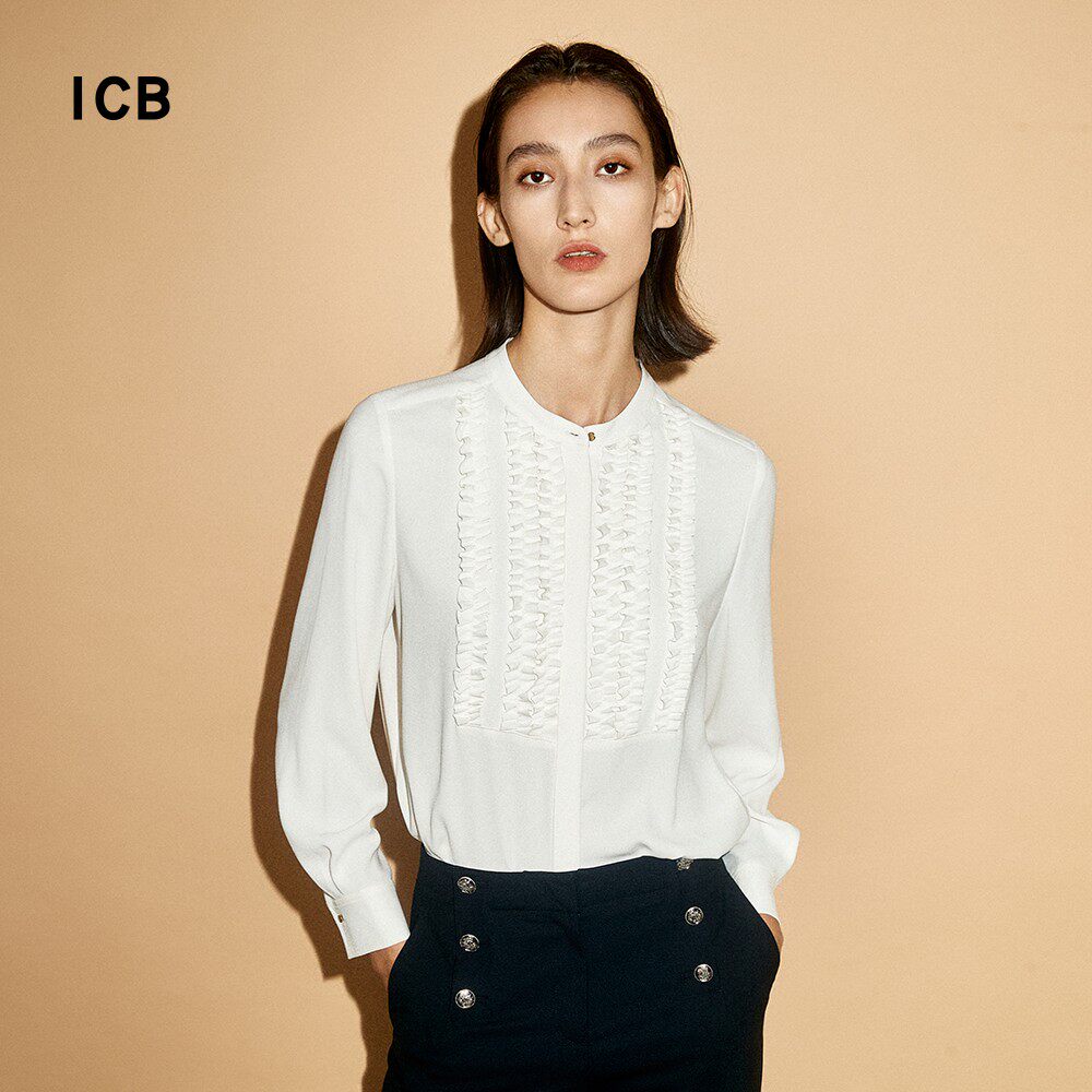 ICB日系秋季通勤职业OL宽松混纺小立领长袖衬衣休闲衬衫商场同款