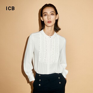 商场同款 衬衣休闲衬衫 通勤职业OL宽松混纺小立领长袖 ICB日系秋季