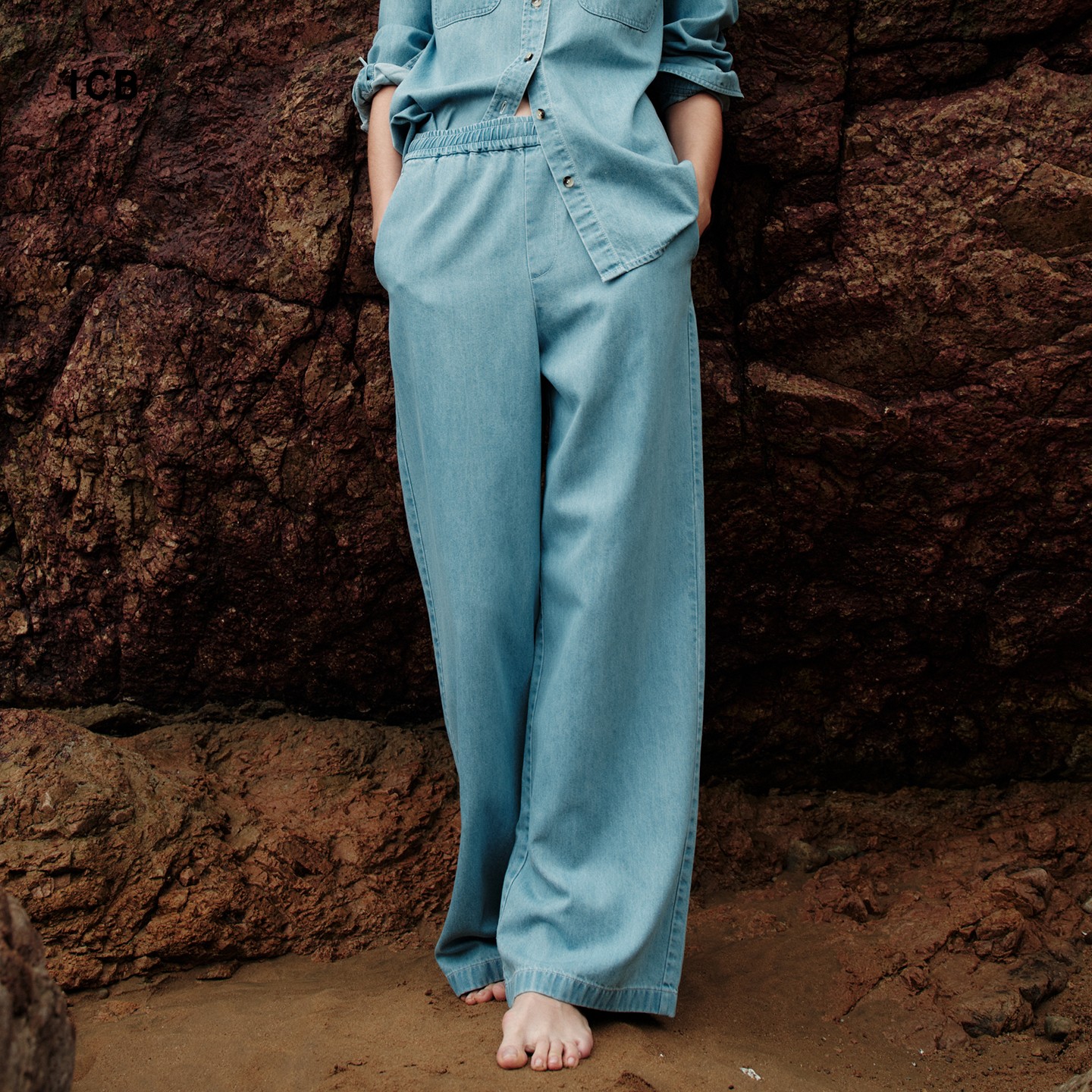 棉混纺松紧腰牛仔阔腿裤商场同款