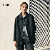 羊革方领皮衣外套拉链皮夹克上衣商场同款 ICB日系春季 通勤宽松版