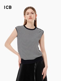 商场同款 毛衣内搭针织衫 通勤羊毛桑蚕丝混纺条纹无袖 ICB日系秋季