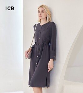 ICB日系春季通勤职业OL直筒圆领长袖连衣裙系腰带连身裙商场同款