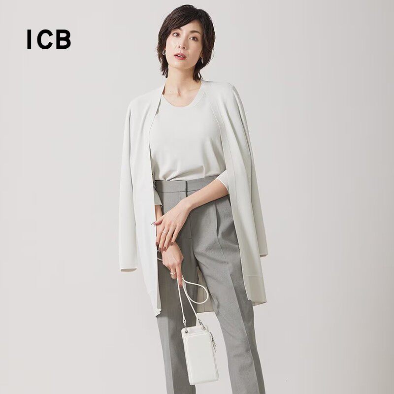 ICB日系秋季通勤宽松版混纺中长款针织开衫无扣编织上衣商场同款