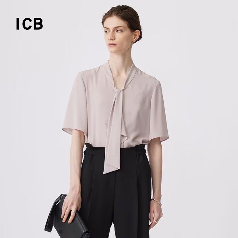 ICB日系春季通勤职业宽松版飘带领套头短袖衬衣休闲衬衫商场同款