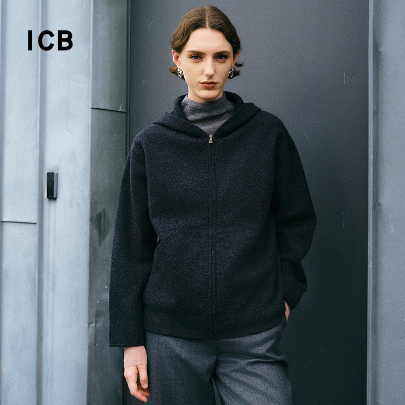 宽松羊毛混连帽针织开衫商场同款