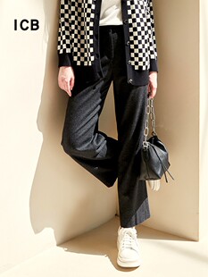 商场同款 ICB日系秋季 下装 休闲阔腿裤 通勤职业OL混纺微弹直筒长裤