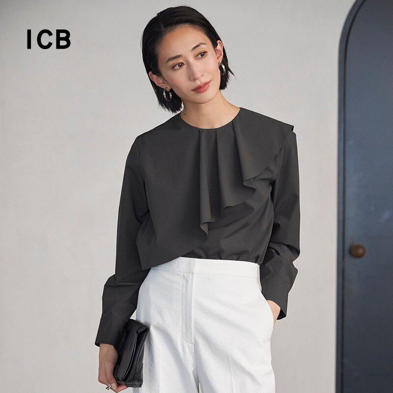 ICB日系秋季通勤宽松版混纺荷叶领套头长袖衬衣休闲衬衫商场同款