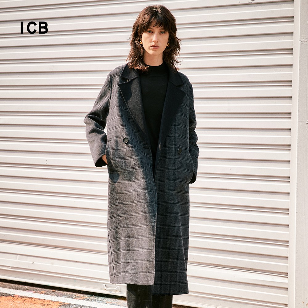 羊毛羊绒混纺格子呢大衣商场同款