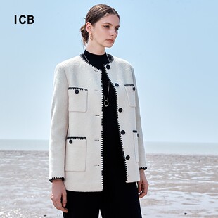 ICB日系春季 通勤职业OL宽松羊毛混纺圆领小香风外套上衣商场同款