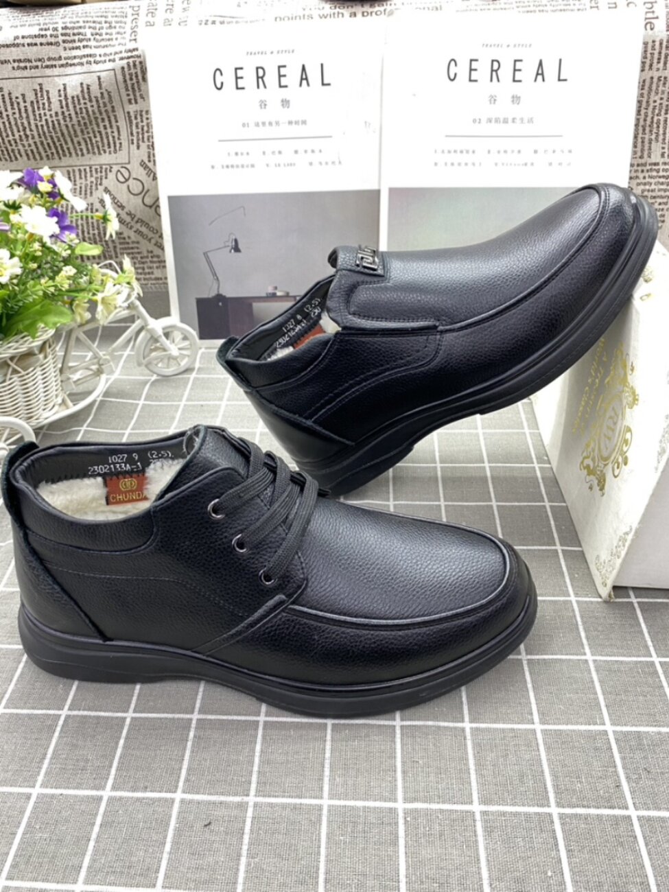 春达棉皮鞋男冬季加厚羊毛真皮保暖中老年人系带防滑舒适爸爸皮鞋