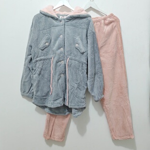 M-XL码 歌瑞曼睡衣 秋冬 女法兰绒连帽抽绳家居服睡衣套装