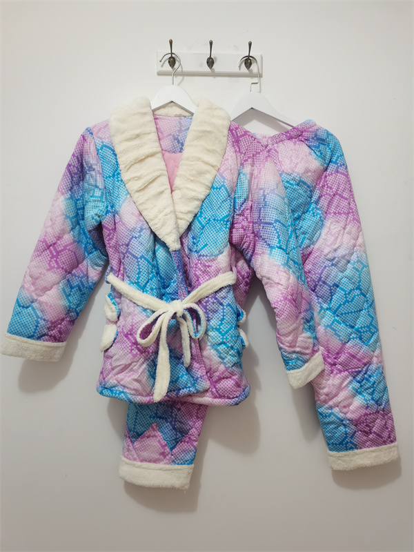 L-XXL码都市丽人睡衣 秋冬 女士优雅大方系带夹棉家居服套装