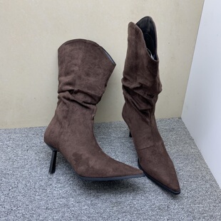 37码39码40码冬季新款细跟高跟靴堆堆靴褶皱靴女绒面中筒靴西部靴