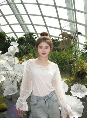 25年夏季新款田中杏奈同款日系甜美白色方领显瘦花边衬衫长袖女