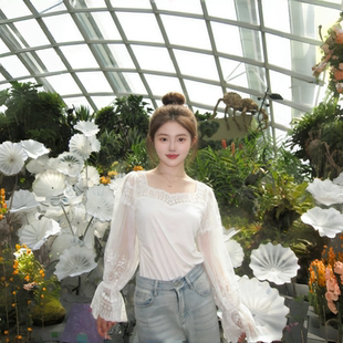 长袖 25年夏季 日系甜美白色方领显瘦花边衬衫 田中杏奈同款 女 新款