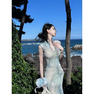 新中式 连衣裙女名媛气质国风印花改良旗袍性感收腰网纱包臀鱼尾裙