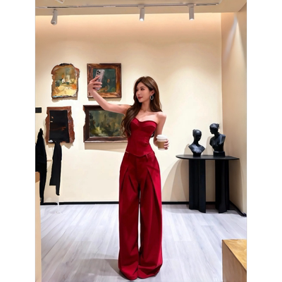 辣妹风红色抹胸阔腿裤两件套