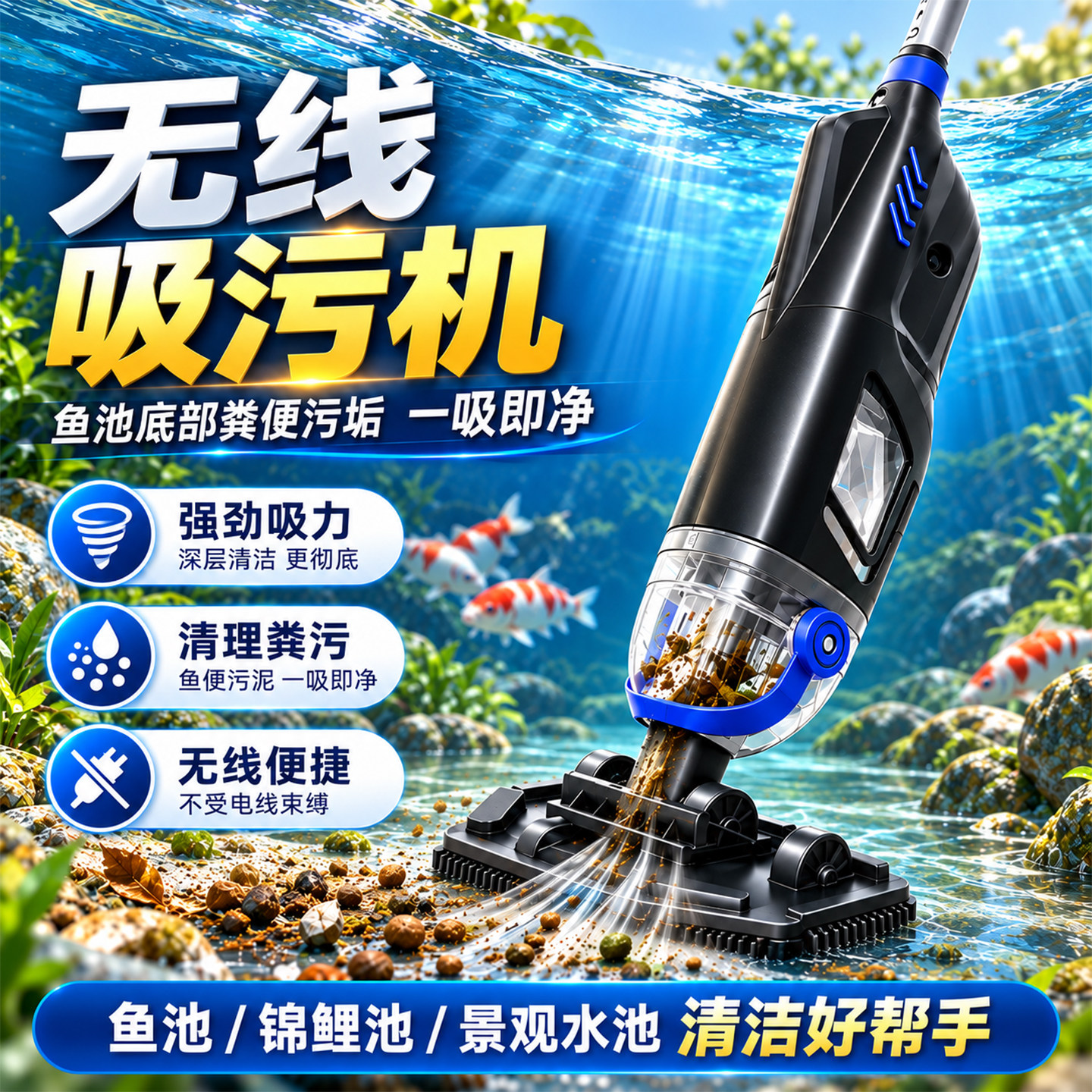 欧佰色无线鱼池底部清理神器吸污机泳池水下吸尘器清洗淤泥吸粪便