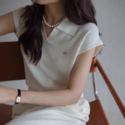 白色亚麻天丝翻领针织短袖女2025新款夏气质短款polo衫上衣