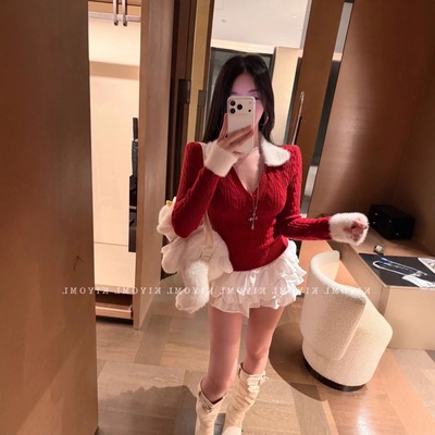 KIYOMI毛毛领拼接V领长袖麻花针织衫秋冬2025年修身显瘦毛衣上衣