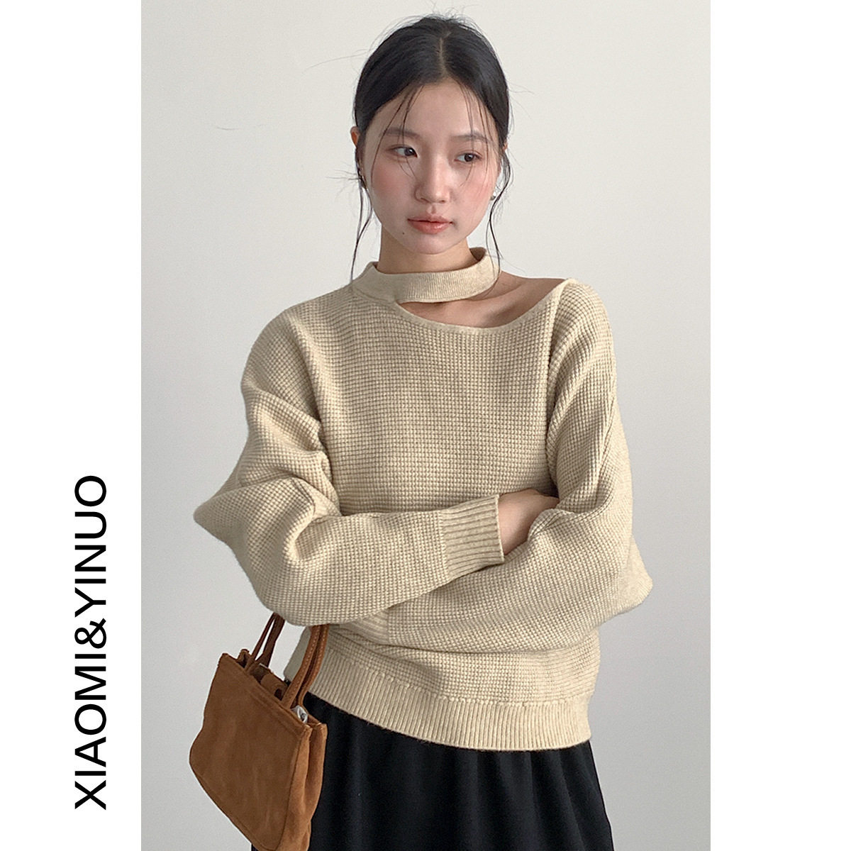 【欧凡】韩系挂脖镂空露肩洋气毛衣女装显瘦长袖针织衫上衣11029