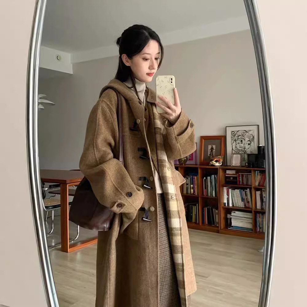 莫蒂 两面穿202w秋冬复古格子双面穿牛角扣羊毛大衣 毛呢外套女