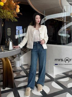 橙子太太女装 秋冬新款高腰深蓝色加绒厚款保暖全长阔腿牛仔裤女