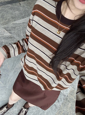 橙子太太女装2025秋冬高品质进口羊毛复古咖啡色条纹圆领针织衫女