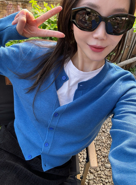 橙子太太女装 内搭针织衫经典圆领款显白蓝色羊毛开衫短款女多色