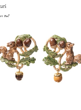 巡meguri手作Palnart poc松鼠橡果森系甜美小众稀奇古怪绿色耳环