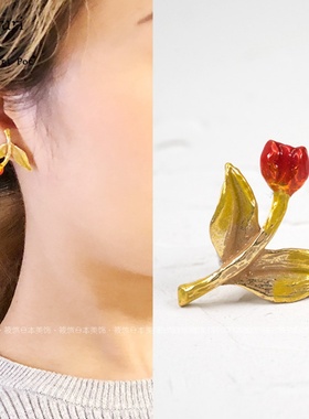 Palnart poc日系红色郁金香花朵可爱少女夏天清新百搭春游耳环
