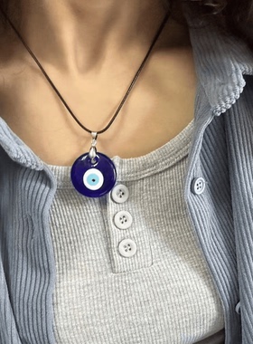 恶魔之眼民族项链欧美跨境饰品个性蓝眼睛玻璃吊坠项饰蜡线锁骨链