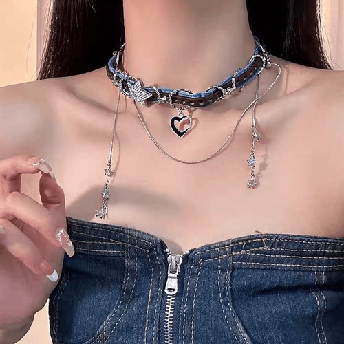 星星爱心项链女甜酷风choker颈链y2k朋克重工牛仔皮革项圈锁骨链