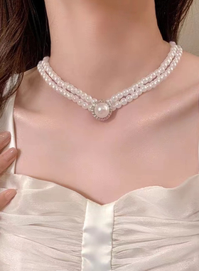 双层珍珠项链轻奢小众设计感2023年新款夸张气质锁骨链choker颈链