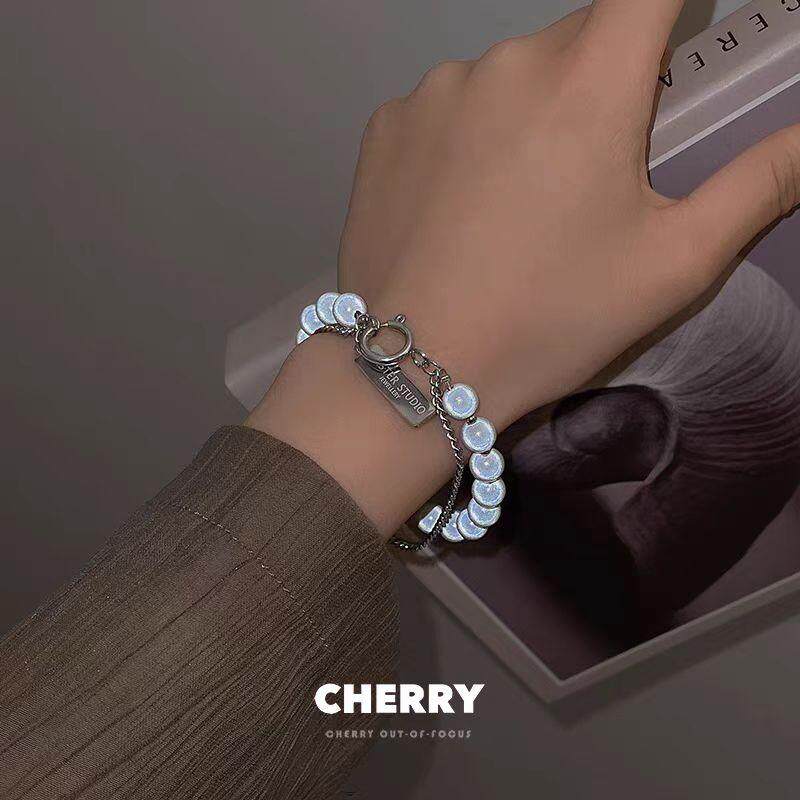 双层叠戴反光珠手链女ins小众设计手串韩版简约男女同款串珠手饰