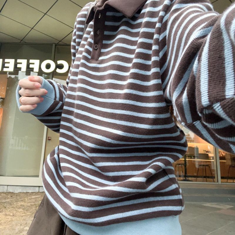 翻领条纹卫衣女秋冬新款复古百搭撞色宽松韩系高级感休闲长袖上衣
